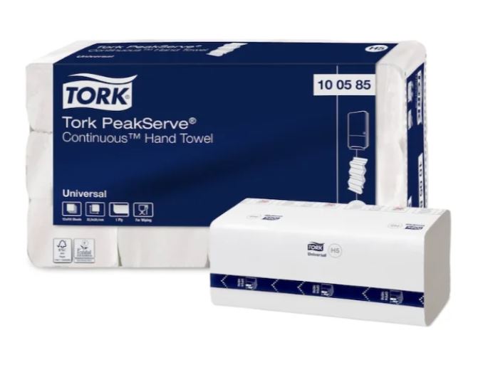 HÅNDKLÆDEARK TORK UNIVERSAL H5 PEAKSERVE CONTINUOUS 1-LAG - 22.5X20.1 CM HVID - 12 PK X 410 STK/KRT